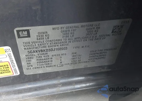 2013 Buick Enclave Convenience из США, поврежденный, VIN 5GAKVBKD3DJ168903